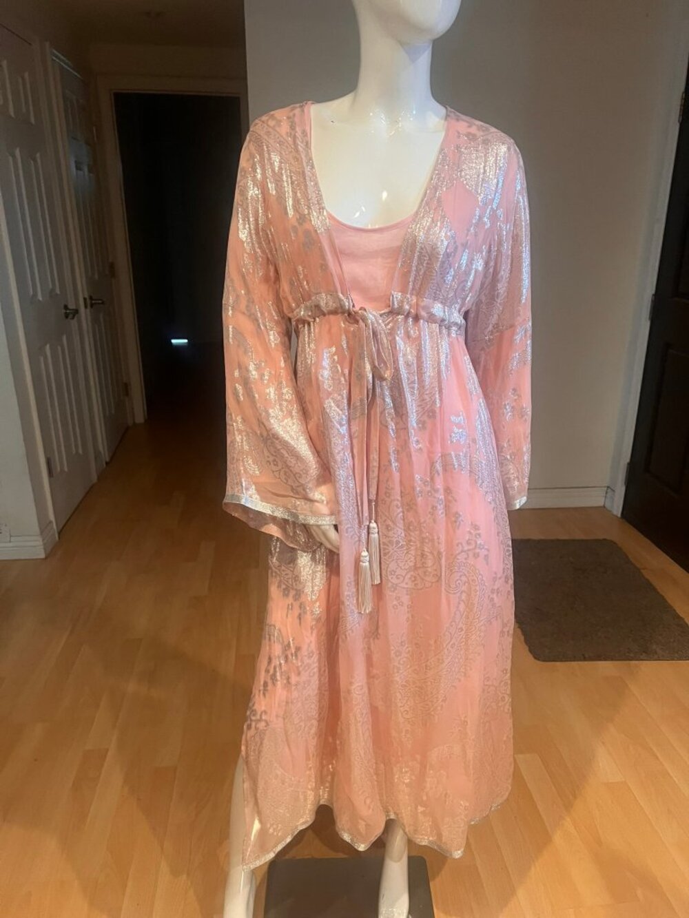 $200 SOFT SURROUNDINGS METALLIC PINK MAXI DRESS BOHO GYPSY SZ MEDIUM P